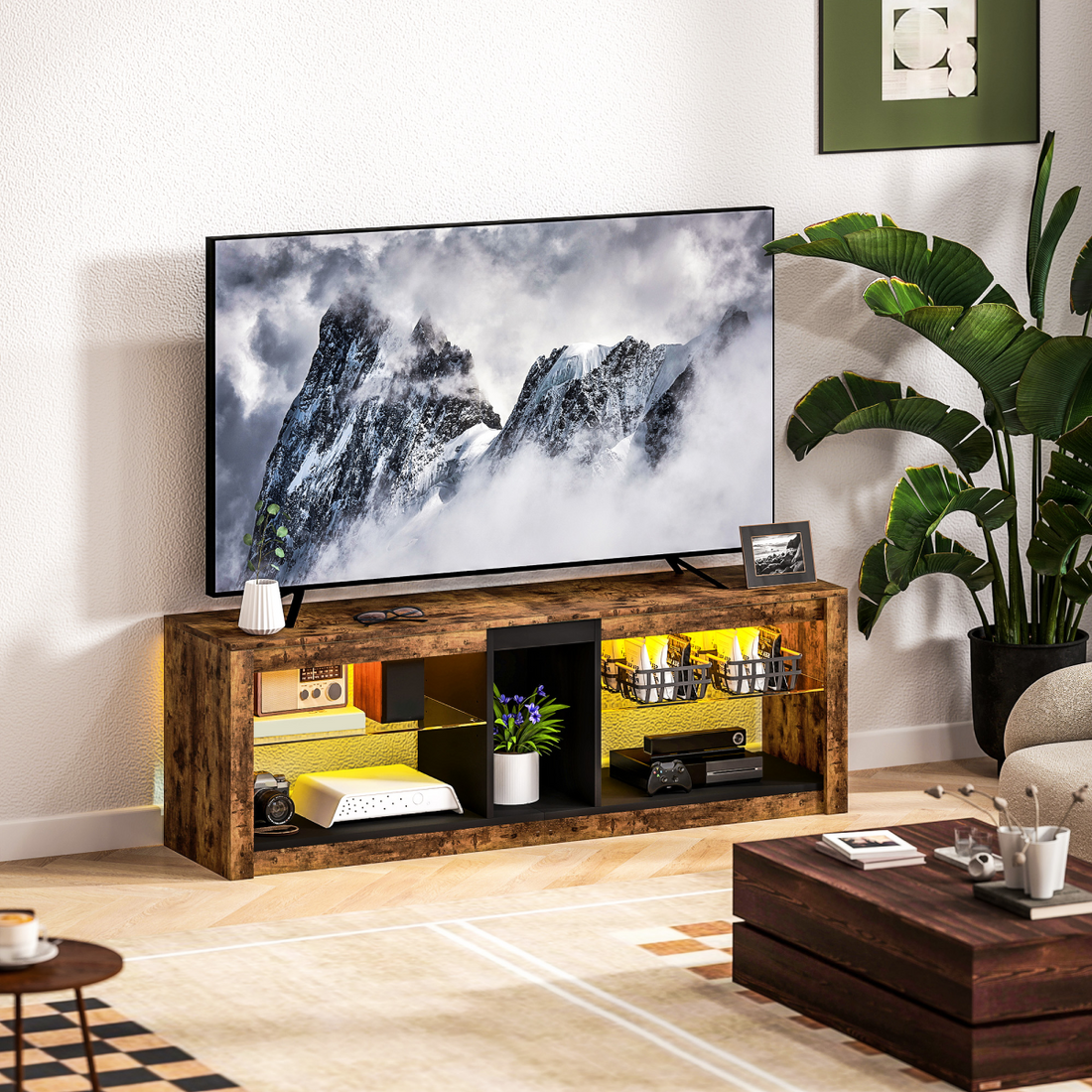 Rustic LED TV Stand - Sleek Entertainment Centre for Up to 65" Screens